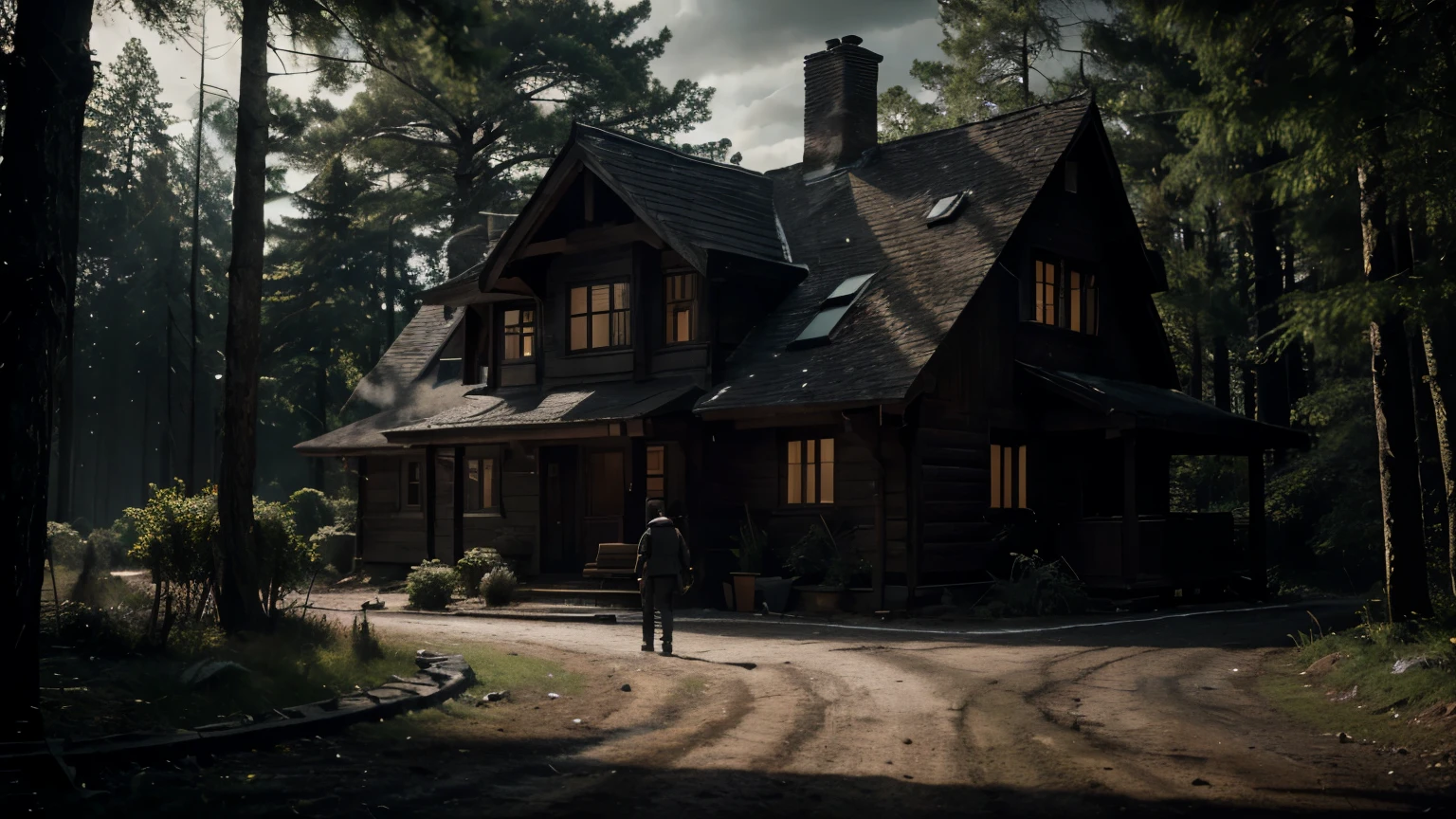 a man with a knife in the foreground quickly approaching a house in the forest, highly detailed, photorealistic, cinematic lighting, dramatic shadows, dramatic atmosphere, moody, gritty, realistic, cinematic, high quality, intricate details, sharp focus, beautiful colors, realistic textures, photo-realistic, 8k, masterpiece