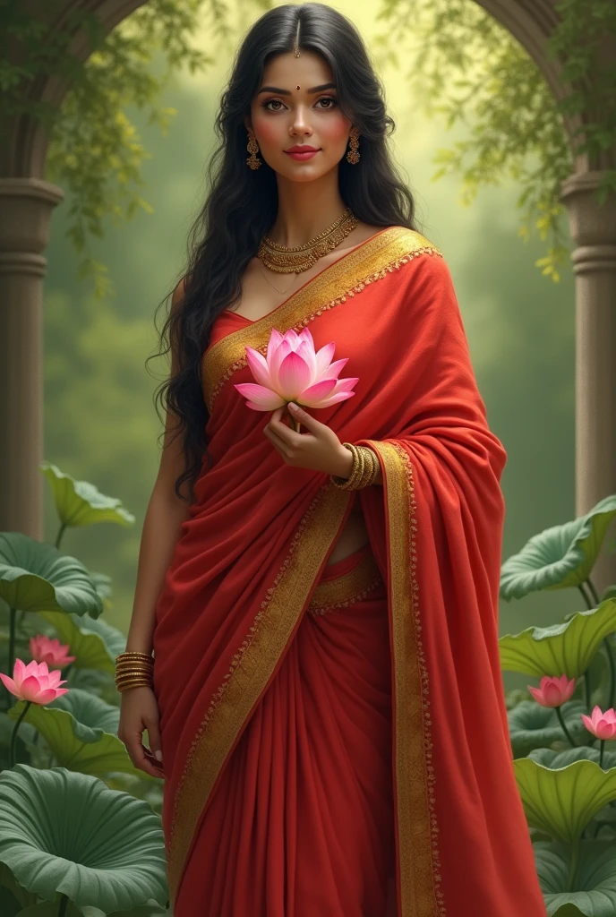 Ancient Goddess Sita with a serene and gentle expression, symbolizing purity and devotion. She has long,dark hair, styled neatly, and large expressive eyes . Sita is dressed in a traditional Indian saree, predominantly in shades of red and gold, symbolizing her royal lineage and auspiciousness. The saree is elegantly draped, with intricate embroidery along the borders.,minimal jewellery,lotus in one hand,natural lush greenery background,hindu,old tradition