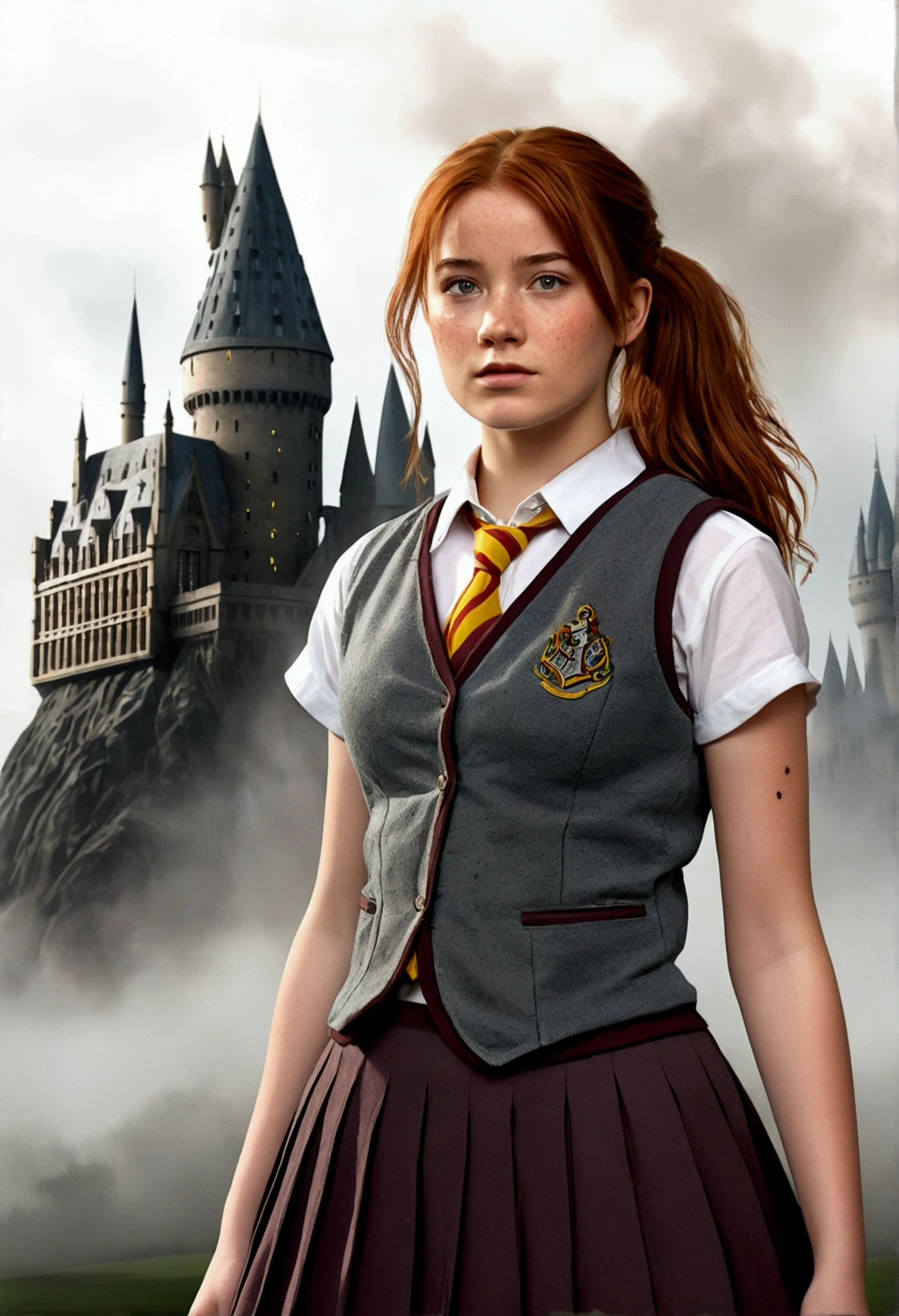 An illustrated movie poster, hand-drawn, full color, a female Hogwarts student, 18 years old, wearing a charcoal vest and a pleated skirt, tall, toned, amazonian stature, athletic hourglass figure, full wide hips, massive round butt, long shapely legs, ridiculously thick powerful thighs, auburn hair, messy ponytail, flushed sun-kissed complexion, freckles, resembkes Katen Gillan, standing in front of Hogwarts Castle, surrounded by mist, graphite shading, stencil marks, airbrushed acrylic paint, masterpiece, in the Deathly Hallows