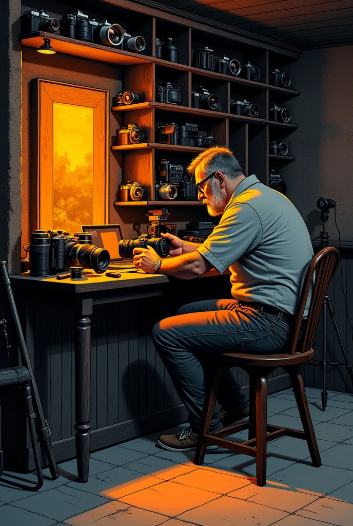There is a 40-year-old photographer,Photographing a beautiful woman,Photographer with short beard, short hair, (slightly overweight), wear glasses, Sit at the bar,Playing with the camera,, In his basement studio, With tripod,Using the Camera, There are many cameras in the cabinet,Popular on Art Station, Play Techno House Music, Music playing, listen to music, Milton Caniff (Milton Caniff) Beautiful illustrations, Duotone, Two colors, Black and Orange, , , ink, masterpiece