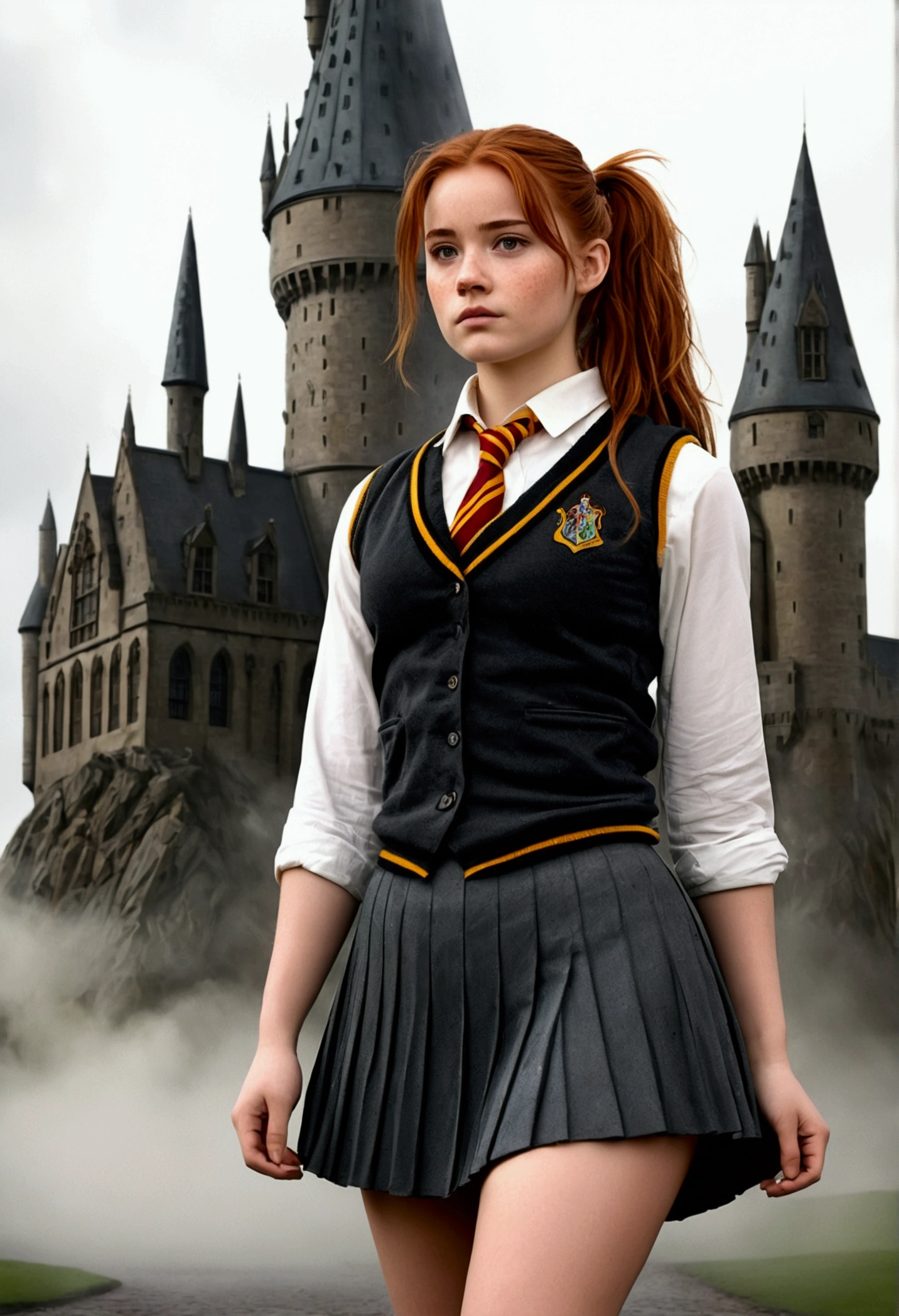An illustrated movie poster, hand-drawn, full color, a female Hogwarts student, 18 years old, wearing a charcoal vest and a pleated skirt, tall, toned, amazonian stature, athletic hourglass figure, full wide hips, massive round butt, long shapely legs, ridiculously thick powerful thighs, auburn hair, messy ponytail, flushed sun-kissed complexion, freckles, resembkes Katen Gillan, standing in front of Hogwarts Castle, surrounded by mist, graphite shading, stencil marks, airbrushed acrylic paint, masterpiece, in the Deathly Hallows
