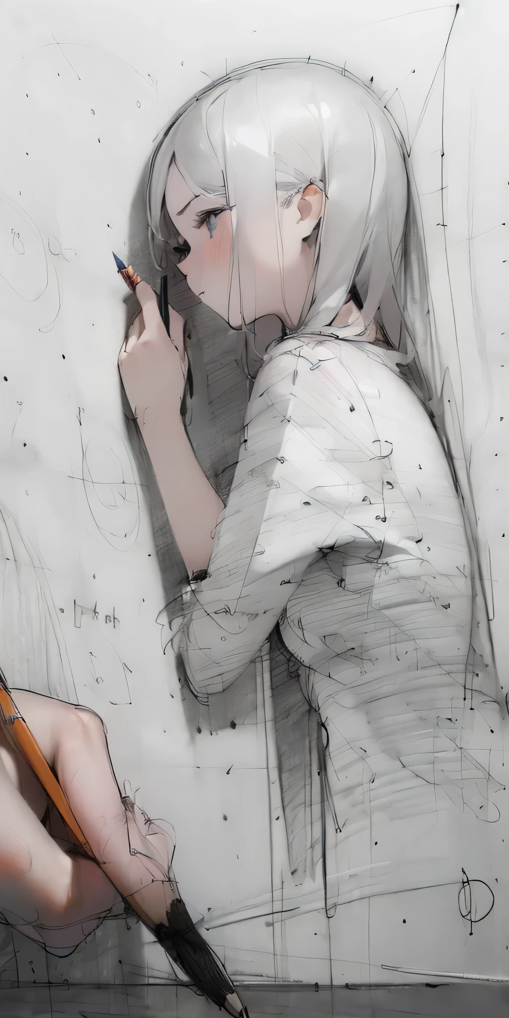 (Pencil drawing, rough sketch, scribbling:1.6),1girl, from side,