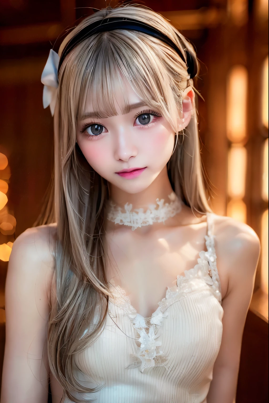 1 girl,スーツ, レディススーツ, ビジネス, オフィス, silver straight hair, blonde, medium long hair, headband Lace with white ribbon, she is AYA MIYABI, 22 years old, Bishojo, looking at viewer, she is famous Japanese idol, kawaii, (mascara), eyeliner, almond eye, natural eyebrows, thin lips, Natural color lip, extremely detailed skin, fair skin, smile, cute, realistic face, slender face, beautiful skin, flat chest, clavicle, slender body, Forehead, delicate thighs, skinny legs, lean legs, Best quality, (8k, RAW photo, best quality, childish face, masterpiece:1.2), ultra-detailed, (realistic, photo realistic:1.37), high detail RAW color photo, an extremely delicate and beautiful, extremely detailed(Selfie:1.1), finely detail,