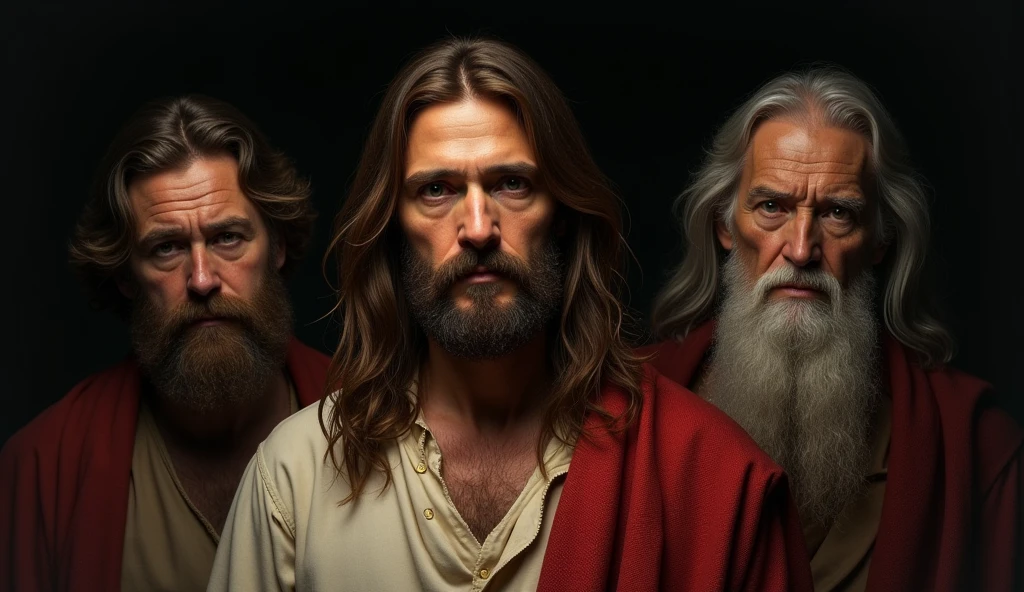 "Crie uma imagem realista de Jesus, Enoque e Elias, focando apenas nos bustos dos personagens. Jesus, com cabelos longos e uma barba bem cuidada, expressando sabedoria e compaixão. Enoque deve ter uma aparência de idade avançada, com traços serenos e um olhar profundo que transmite conhecimento espiritual. Elias, representado em meia-idade, deve ter uma expressão forte e decidida, com cabelos e barba um pouco mais curtos, refletindo sua natureza profética. O fundo deve ser escuro, para destacar as figuras e criar um contraste dramático, enfatizando a importância e a reverência de cada personagem."