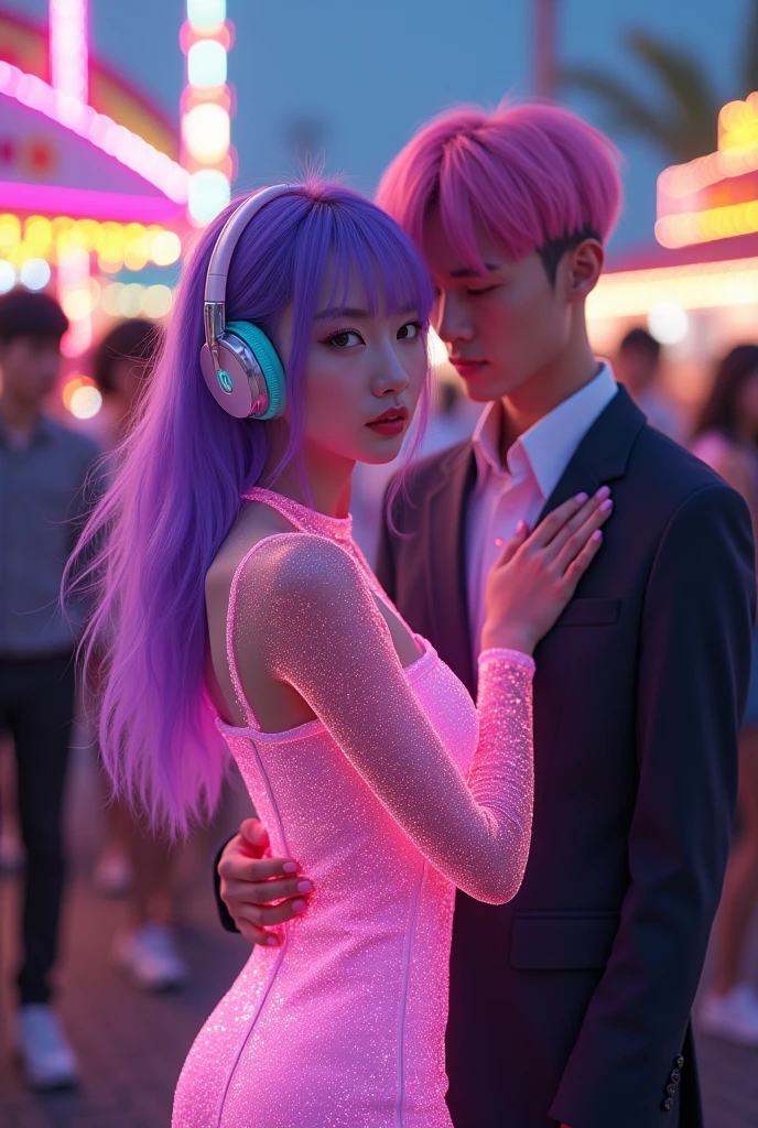 Korean butterfly woman with purple hair wearing headphones and a sparkly neon pink dress, squeezing a young man with pink hair and a suit in the background of an amusement park with friends 