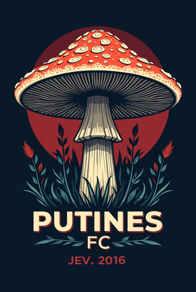 FOOTBALL TEAM LOGO SIMILAR TO REAL MADRID AND THE MUSHROOM TUNGS WITH NAME PUTINES FC.