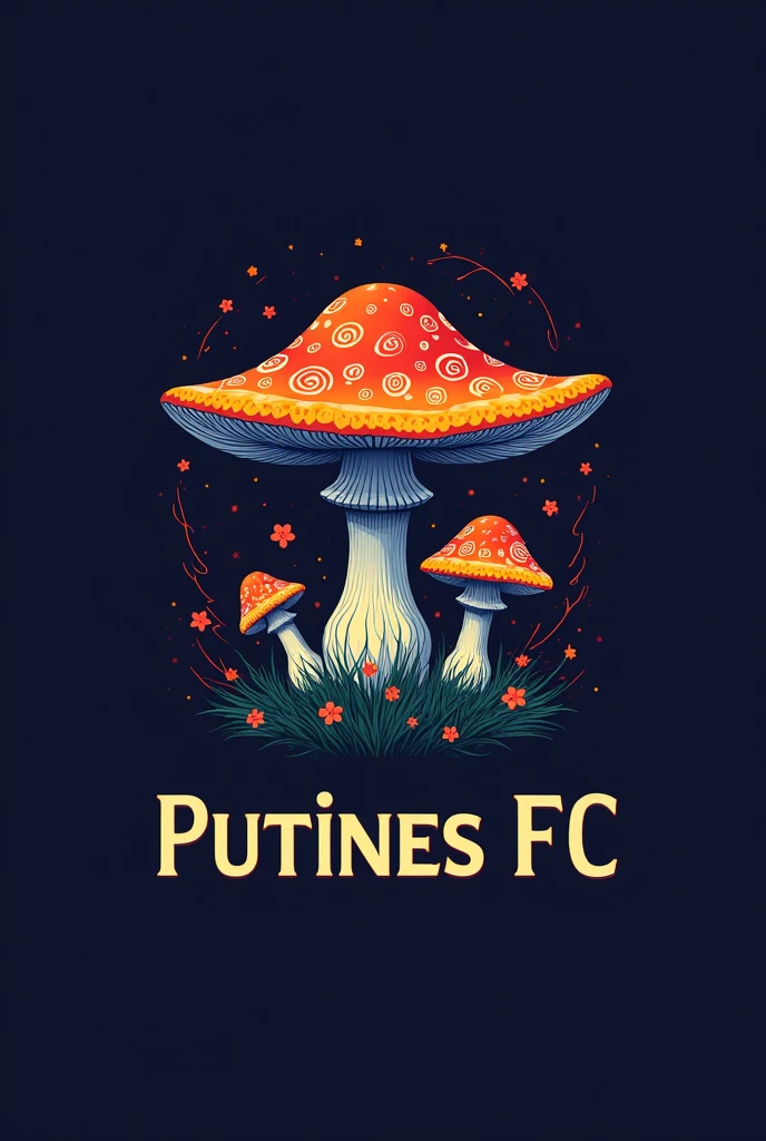 FOOTBALL TEAM LOGO SIMILAR TO REAL MADRID AND THE MUSHROOM TUNGS WITH NAME PUTINES FC.