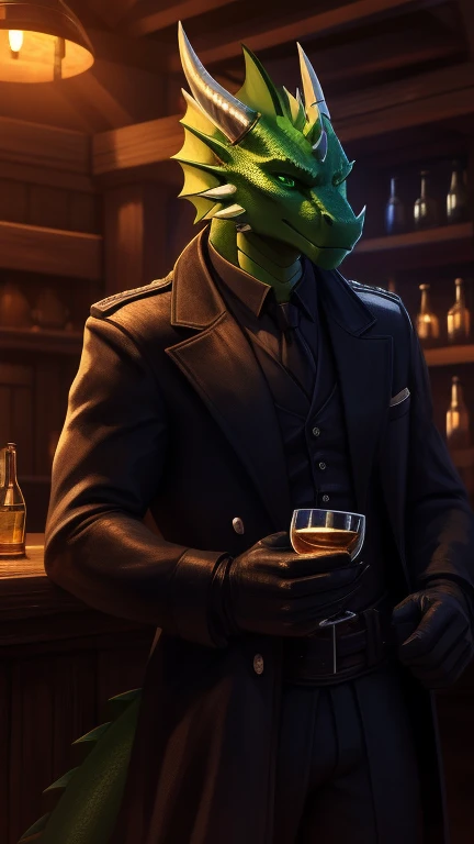 Lizardman、Black body、White belly、Mechanical、Two horns、Sparkling blue eyes、Glass in hand、A little alcohol、cyber punk、Dark Tavern、cool