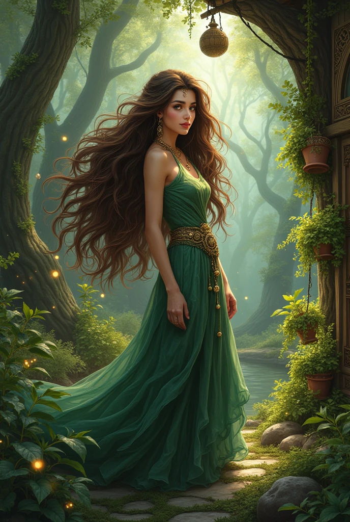 A brunette girl with abundant hair who is a spiritual nature witch and have a house in the woods