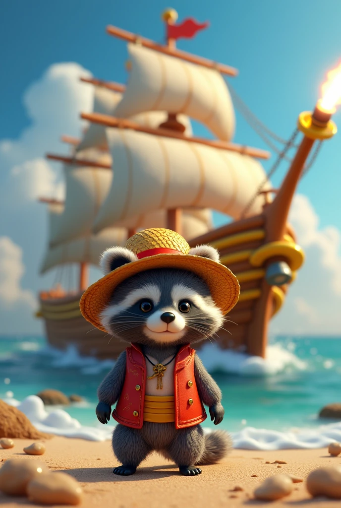 A captivating and highly detailed 3D render of One Piece's iconic Thousand Sunny ship, prominently featuring the distinctive yellow lion's , orange triangular mane. The ship is equipped with an impressive cannon and anchor claws, ready to face any challenge. In the foreground, a baby raccoon dons Luffy's signature straw hat, embodying both cuteness and charisma as it takes on the role of captain. The backdrop merges the high seas with a fantastical realm, evoking a sense of adventure, exploration, and magic. This extraordinary conceptual art piece truly captures the essence of the beloved anime series, igniting the spirit of wonder and discovery in every viewer., photo, conceptual art, 3d render