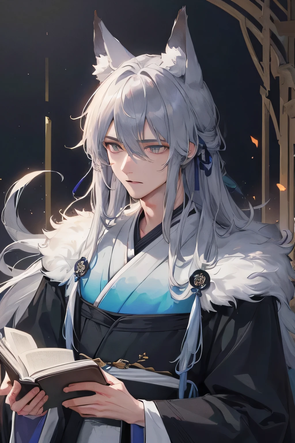 masterpiece,best quality,I am,Black fox,Fox ears,Blue and white Hanfu,Immortal,alone,Gray eyes,Mature,Handsome,Men,Lie,sleep,Scattered hair and clothes,Comfortable night,Exquisite facial details,Dark background,night,Sense of atmosphere,Holding a book,Judge's Pen