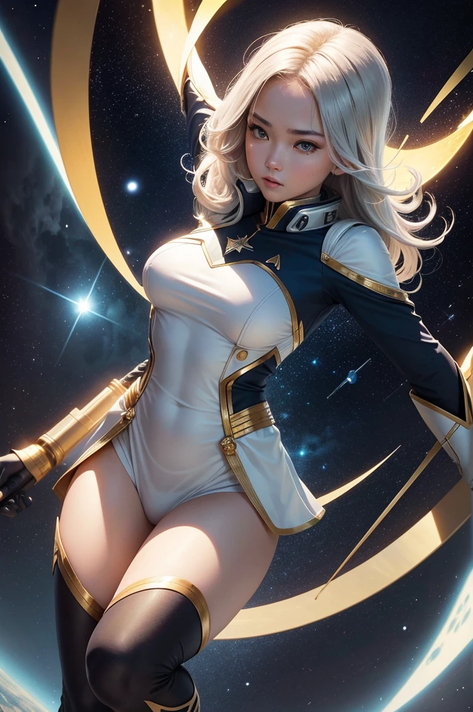 To create an elegant and exclusive uniform for a space explorer team similar to the uniforms from the franchise "star"trek", more of a high goal, with a different emblem in the shape of a bird and a four-pointed star inside a circle, using golden colors, silver and blue, used by a greenish humanoid reptilian man, 精致的面容, soft and expressive extremely big and strong using all kinds of weapons as a warrior in a spaceship, full body view