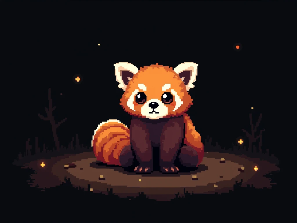 Pixel art, 16-bit style, 256x256, limited color palette, cute, small, red panda, far away, sitting pose, looking directly at the viewer, playful expression, fluffy tail curled around its body, big ears, dark brown eyes, black nose, solid black background. (Generate a 16-bit style pixel art image of a cute, small red panda sitting in a playful pose. The red panda should be far away, giving the impression of being in the distance. It should be looking directly at the viewer with a playful expression. Its fluffy tail should be curled around its body. The red panda should have big ears, dark brown eyes, and a black nose. The image should be 256x256 pixels and use a limited color palette. The background should be completely solid black.)
