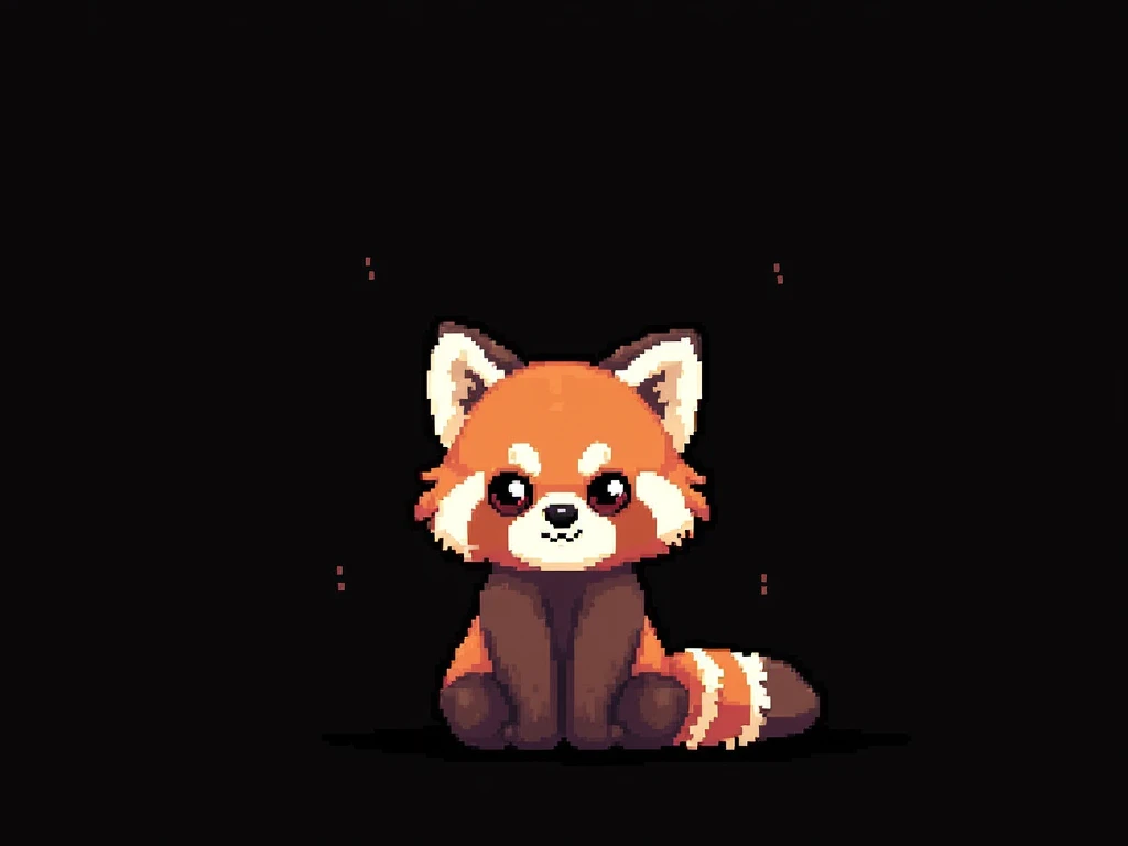 Pixel art, 16-bit style, 256x256, limited color palette, cute, small, red panda, far away, sitting pose, looking directly at the viewer, playful expression, fluffy tail curled around its body, big ears, dark brown eyes, black nose, solid black background. (Generate a 16-bit style pixel art image of a cute, small red panda sitting in a playful pose. The red panda should be far away, giving the impression of being in the distance. It should be looking directly at the viewer with a playful expression. Its fluffy tail should be curled around its body. The red panda should have big ears, dark brown eyes, and a black nose. The image should be 256x256 pixels and use a limited color palette. The background should be completely solid black.)