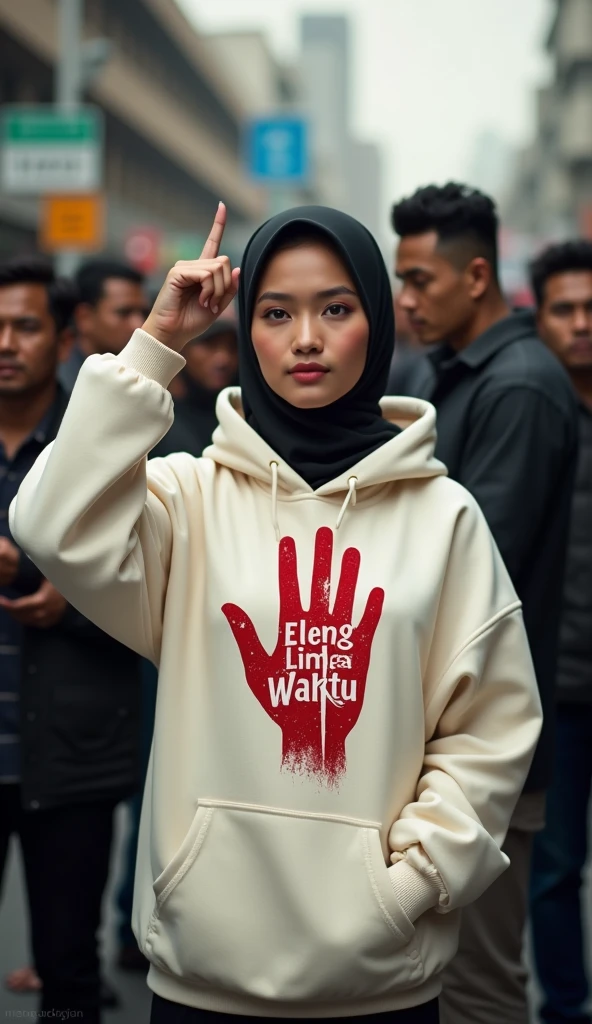 A hijaber indonesian pretty woman, wearing a cream hoodie with a strong vector design featuring a silhouetted image of a five-fingered palm in white colour with red love and starlight. The phrase "ELENG LIMO WAKTU" is displayed in bold simple elegand, distressed typography with pastel colours, while holding her hoodie, wearing hijab, one-handed pose pointing upwards, in a public place, surrounded by many men, sexy, jav idol, with a frontal shooting angle, very realistic, (complex detail: 0.9), (hdr, hyperdetail: 1.2), RAW, Sony Alpha a9 II, 24-105mm f/4, HDR,