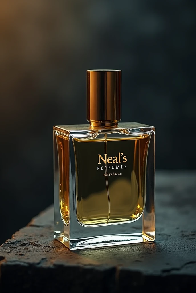 Square clear glass perfume bottle with logo Neal's Perfumes and cylindrical golden cap . The background is italian mafia