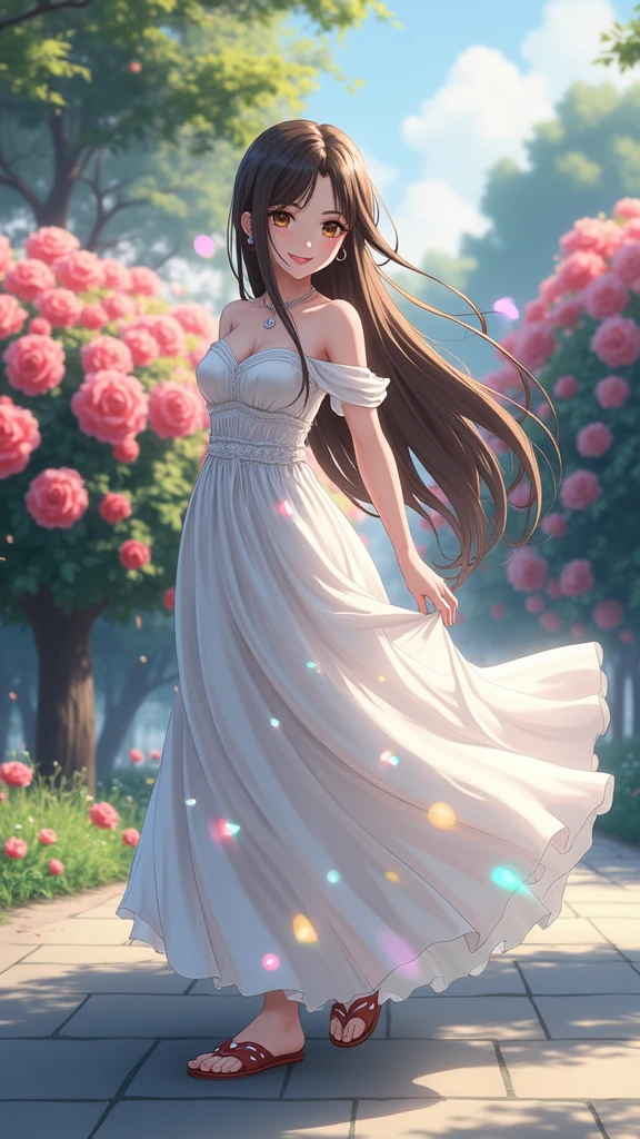 (masterpiece、Highest quality、8k、High resolution)、(One female、Beautiful Face、Beautiful eyes、Beautiful lips、Beautiful nose)、smile、The white upper teeth are faintly visible、Brown-black hair、(The best girl in anime)、garden、blue sky、Colorful flowers are blooming、Vibrant colors、Red roses are beautiful、(Body、whole bodyから神秘的な光の粒子、Colorful light particles、A mysterious light glowing around the head)、melt、jewelry、necklace、dress、(whole body)、Highly detailed anime art、A complete portrayal、