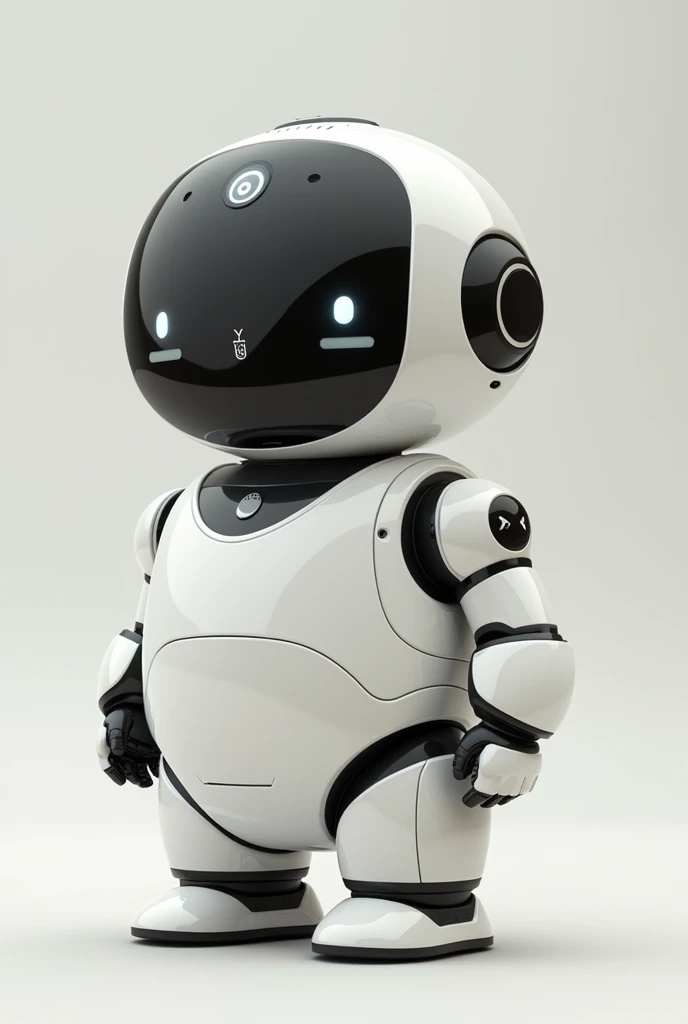 Cute and friendly Service robot that can put something inside its body. No legs . Mostly white colour. And slightly black