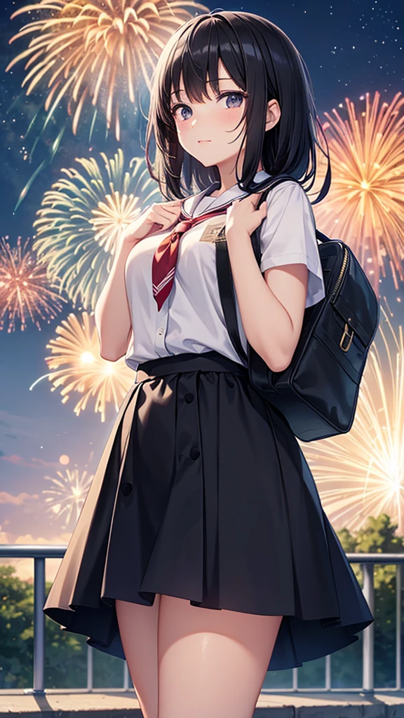 High school students looking up at the fireworks Black Hair countryside One person, anime Up to the waist School Bags High resolution,