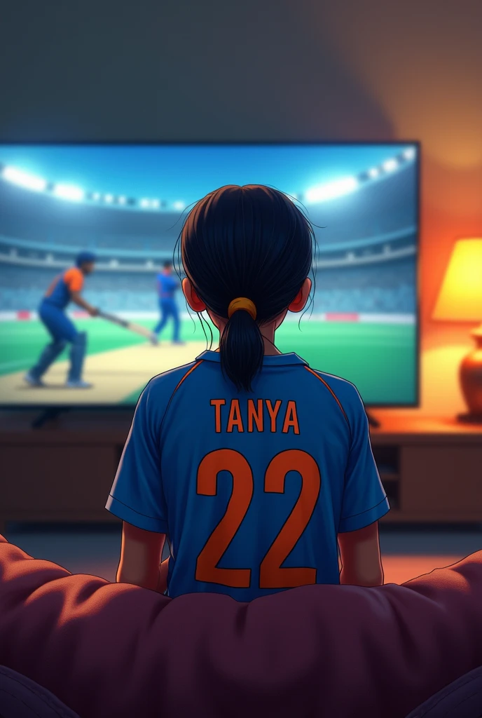 An 18 years old short haired girl with a pigtail girl wearing an indian cricket team jersey named Tanya 22 watching a cricket match on television