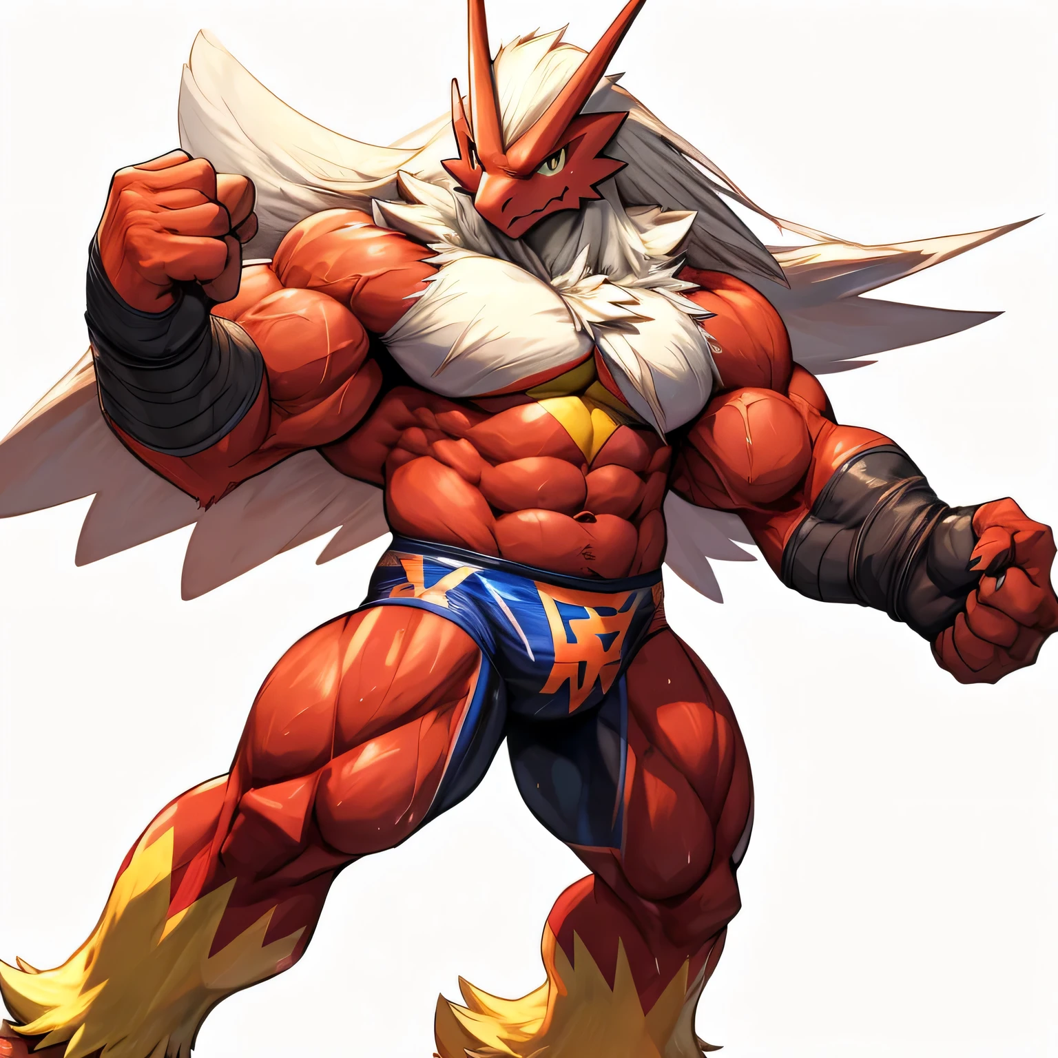 tall BLAZIKEN pokemon,wrestler, (masterpiece,best quality:1.4), looking at viewer, veins popping,high stature,heavy weight plump,muscular belly, bulky chest,muscular tighs,focus on long legs,sweaty and glossy skin,Black wrestling spats, raise a leg fighting pose,full body standing, white background