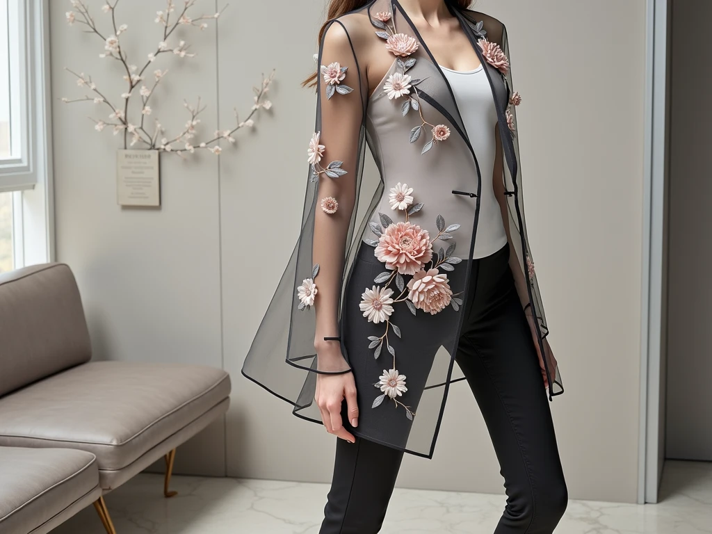 Women's mesh suit with embroidery flowers with monograms
