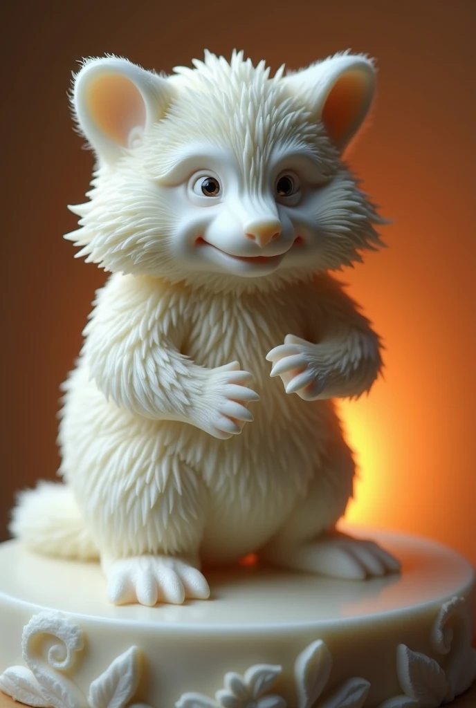 A captivating 3D render showcases a stunning artistic soap sculpture of a lifelike, extra fluffy baby raccoon. Carved into a large, white bar of soap, the raccoon has a remarkably detailed and realistic appearance, complete with sharp claws and alert eyes. The translucent nature of the soap and a warm glow behind it highlight the intricate fur and muscular form. This innovative conceptual art piece pushes the boundaries of soap sculpting as a medium, proving that creativity knows no bounds., product, 3d render, conceptual art, photo