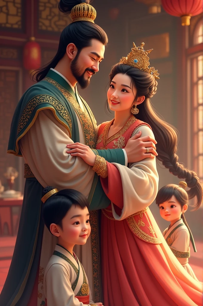 A man dressed as a Chinese emperor was hugging a girl dressed as a queen. They were happy. Beside them there were two children who were also looking at the scene.