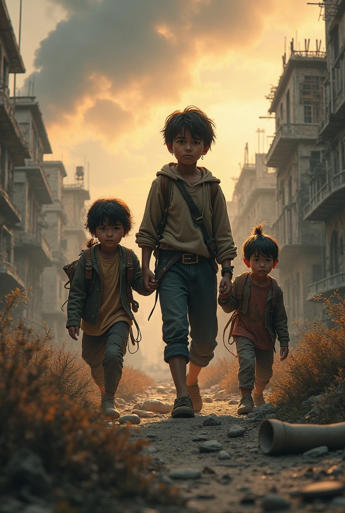 Create me an apocalyptic world with a mixed-race Asian teenager, a -year mixeace Asian child and aven-year-old ess Porese cd
