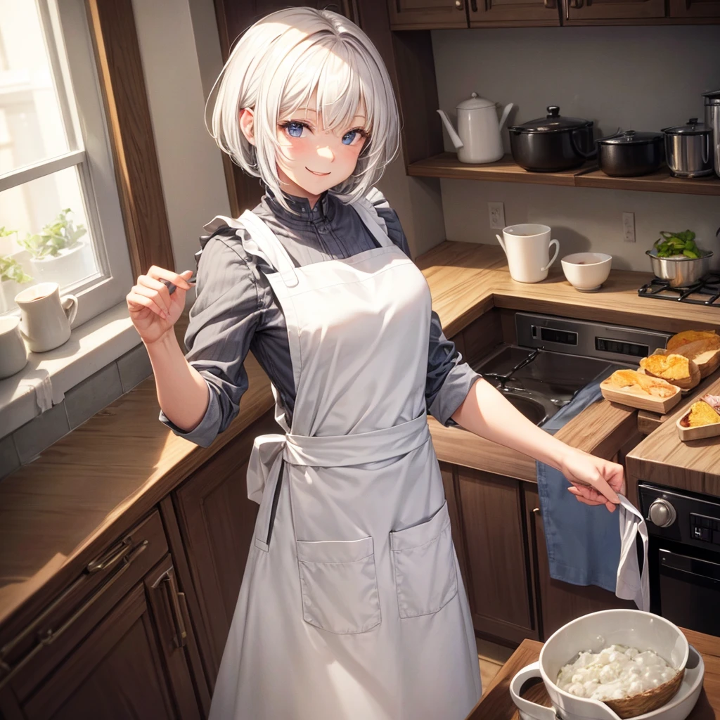 <lora:Khyle_LoRAv2.4:0.9>, warm lighting, (brush strokes), (rough drawing), film grain, blurry, 1girl, yorha no. 2 type b, one eye covered, white hair,short hair, nude, headband, kitchen, revealing apron, full body, white apron, spatula,