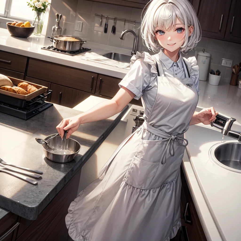 Short white hair gilr that on the kitchen with gray apron smiling
