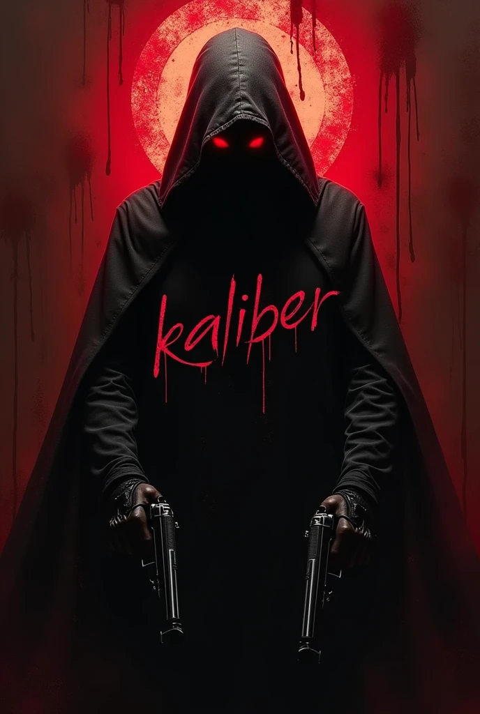 Black hooded man, mysterious, red eyes, bloody halo above head, bloody background, holding two guns with word “kaliber” in large text below it, hyper realism, logo