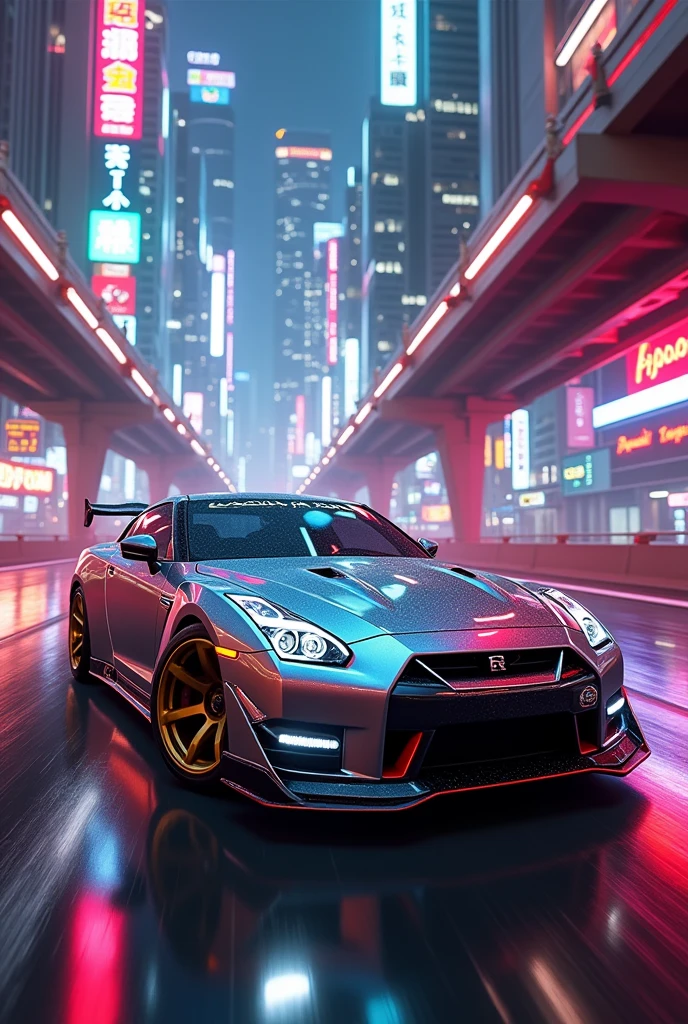 A Nissan GTR in cyber punk city with neon lights
The colour of car is metalic grey and in the top of the car write Aaditya weed sital  and the picture should shown in up angel view 