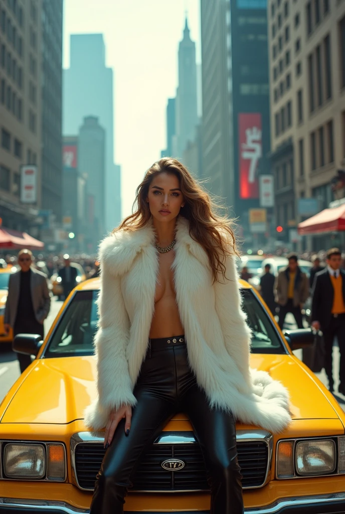 a model on the hood of a taxi, in downtown new york, wearing a white fur coat, Traffic is chaos and people are complaining about the model on top of the taxi, a fashion campaign, the taxi driver is yelling at the model from inside the car, urban smoke and large buildings in the background, e a fashion campaign entao leve para este lado 