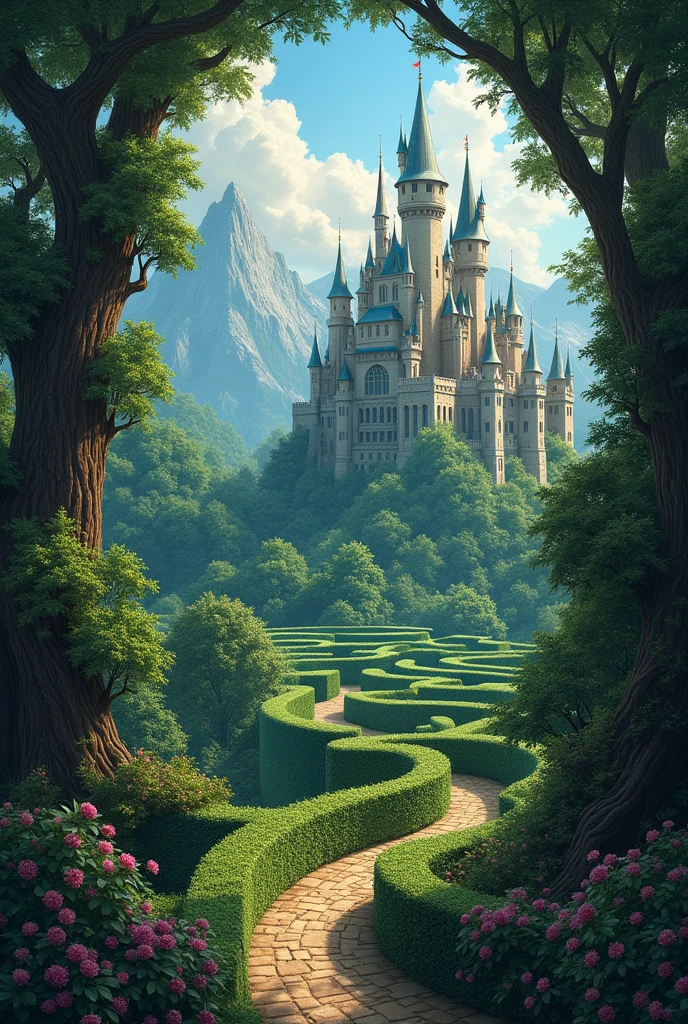 In the heart of a fantastical maze, a wondrous world unfolds: a lush forest surrounds a majestic castle, its towering spires reaching towards the sky. This mesmerizing painting captures every intricate detail of the intricate landscape, from the tangled greenery of the maze to the stone walls of the castle. The vibrant colors and rich textures bring a sense of magic and wonder to this enchanting scene, transporting viewers to a realm of imagination and adventure.