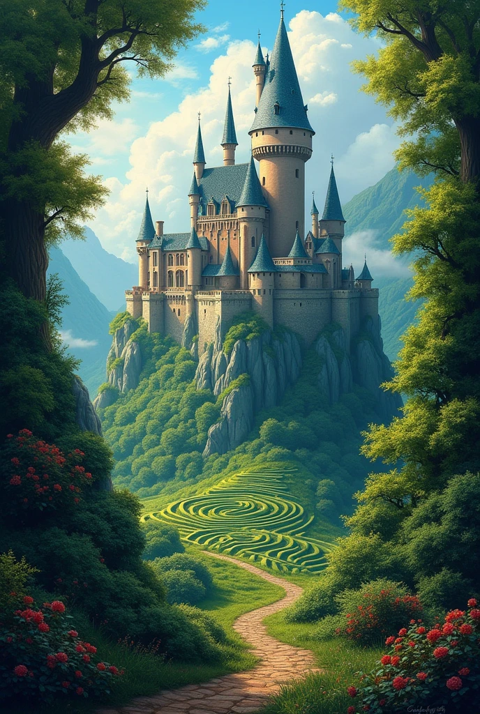 In the heart of a fantastical maze, a wondrous world unfolds: a lush forest surrounds a majestic castle, its towering spires reaching towards the sky. This mesmerizing painting captures every intricate detail of the intricate landscape, from the tangled greenery of the maze to the stone walls of the castle. The vibrant colors and rich textures bring a sense of magic and wonder to this enchanting scene, transporting viewers to a realm of imagination and adventure.