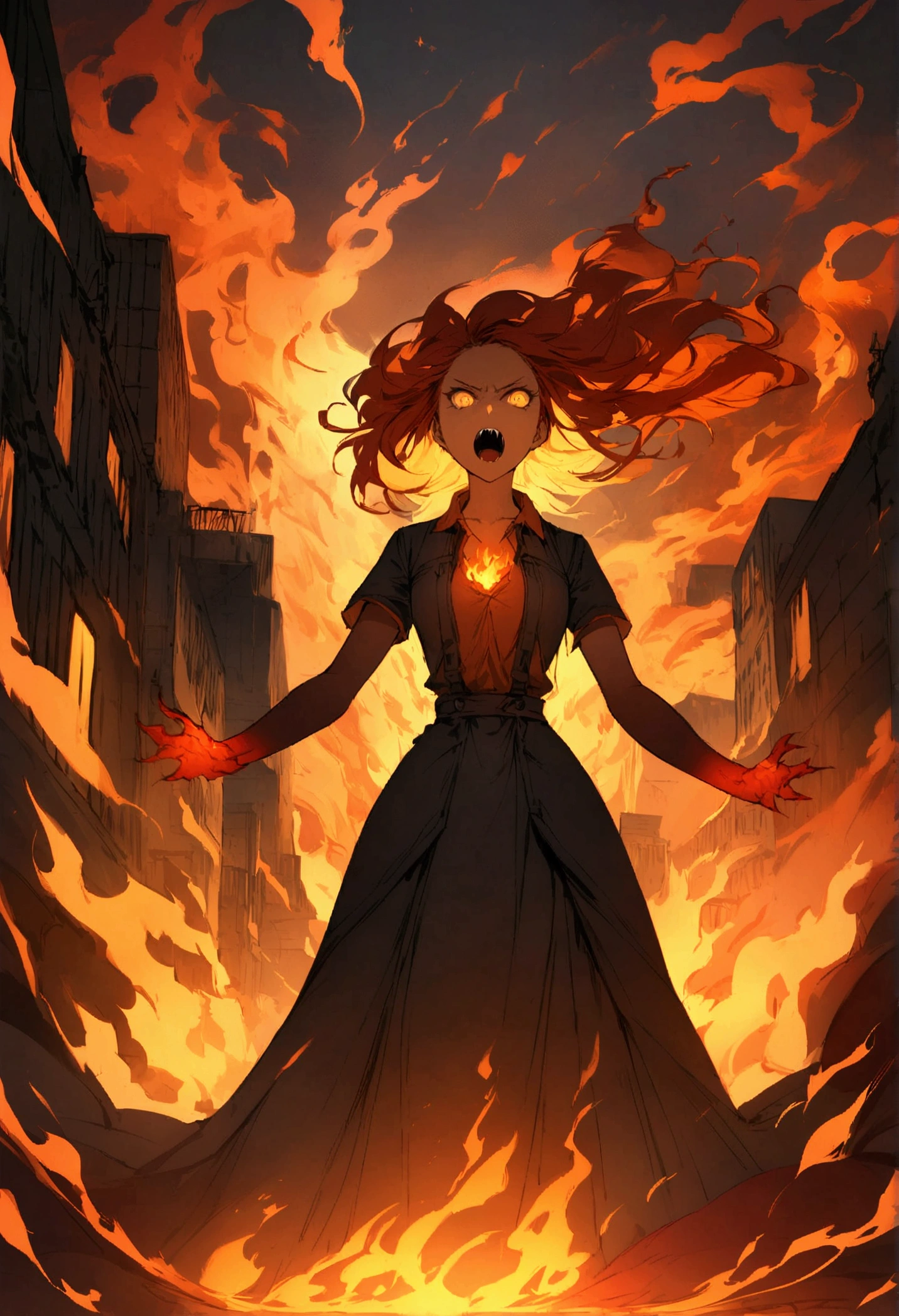 Digital illustration featuring a dramatic and intense scene. The layout centers on a female figure engulfed in vivid, roaring flames. The subject has a fierce expression with wide, glaring eyes and an open mouth, showing sharp teeth. Her skin is light, and her hair, which appears to be red or orange, blends seamlessly with the fire. The background is dark and urban, with hints of buildings and city lights, adding to the chaotic atmosphere. The flames are rendered in bright yellows, oranges, and reds, creating a stark contrast with the darker background. The overall style is dynamic and highly detailed, emphasizing the intensity and emotion of the scene.