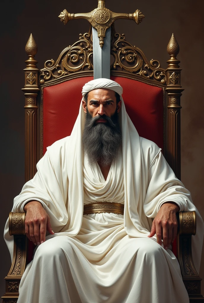 In ancient Islamic times. A powerful man. He wears white clothes befitting the caliphate. He has a beard. He has features of strength and gallantry on his face. He is sitting on the throne of the caliphate. Behind the throne is a huge sword hanging on the wall behind the throne.