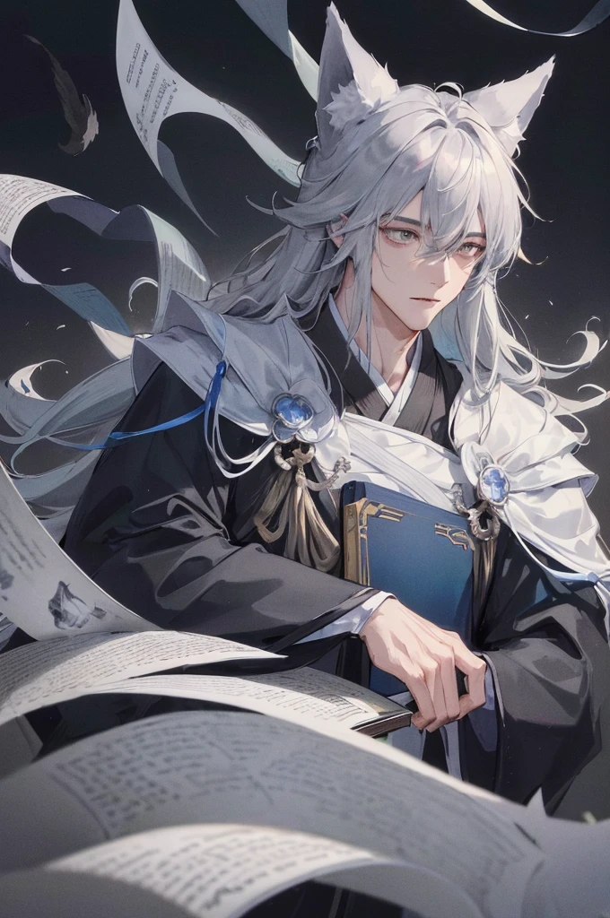 masterpiece,best quality,I am,Black fox,Fox ears,Blue and white Hanfu,Immortal,Alone,Gray eyes,Mature,Handsome,Men,lie,sleep,Scattered hair and clothes,舒适的night,Exquisite facial details,Dark background,night,Sense of atmosphere,Holding a book,Judge's Pen