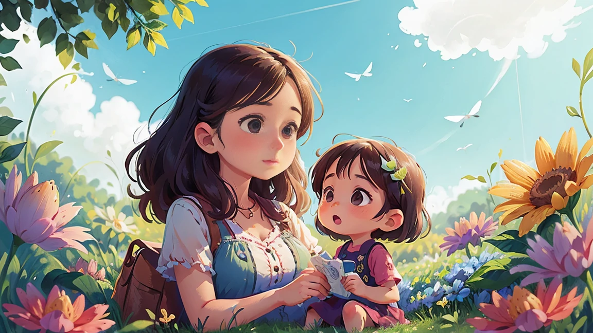 mother and daughter in flower field with blue sky