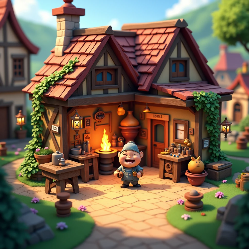 A 3D game building（Blacksmith Shop），Pixar style，45-degree俯瞰视角