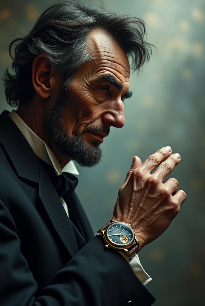 Recreate an image of Abraham Lincoln from the top so that the photo is from the side with his hand and has a magical appearance with a Richard Miler watch 