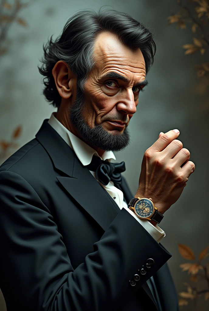 Recreate an image of Abraham Lincoln from the top so that the photo is from the side with his hand and has a magical appearance with a Richard Miler watch
