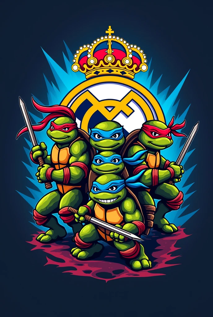 FOOTBALL TEAM LOGO WITH THE REAL MADRID SHIELD WITH THE NINJA TURTLES WITH THE NAME PUTINES FC..