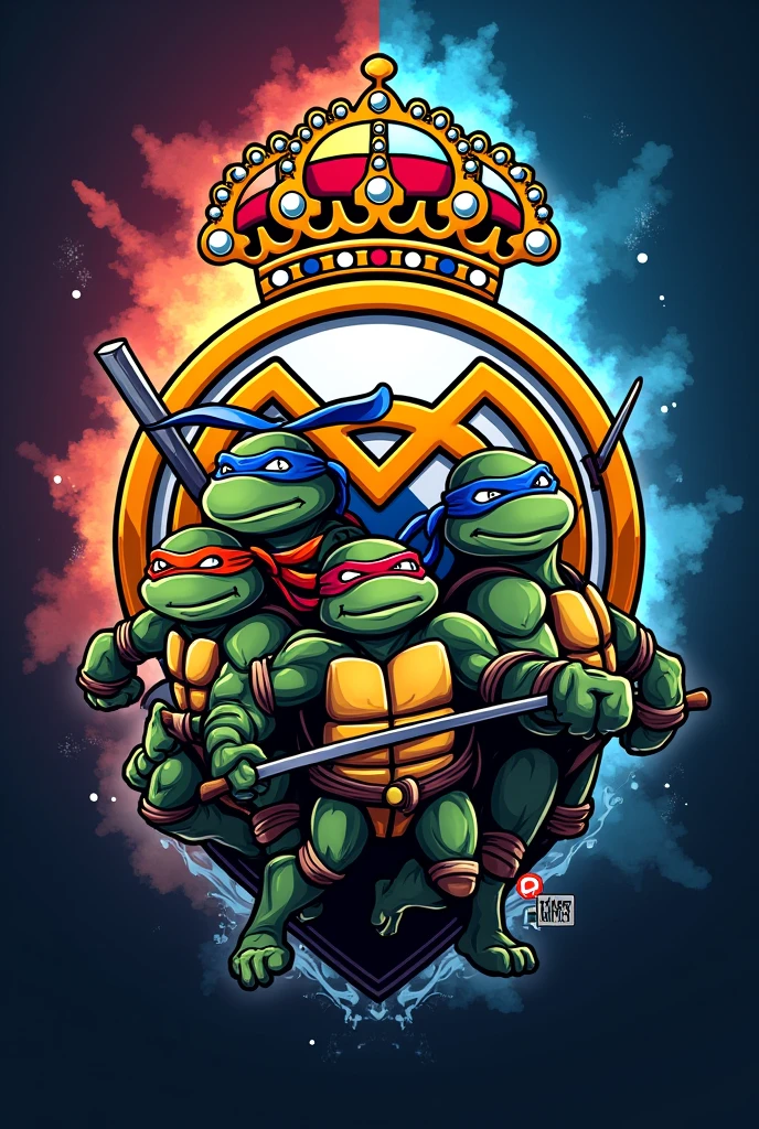 FOOTBALL TEAM LOGO WITH THE REAL MADRID SHIELD WITH THE NINJA TURTLES WITH THE NAME PUTINES FC..