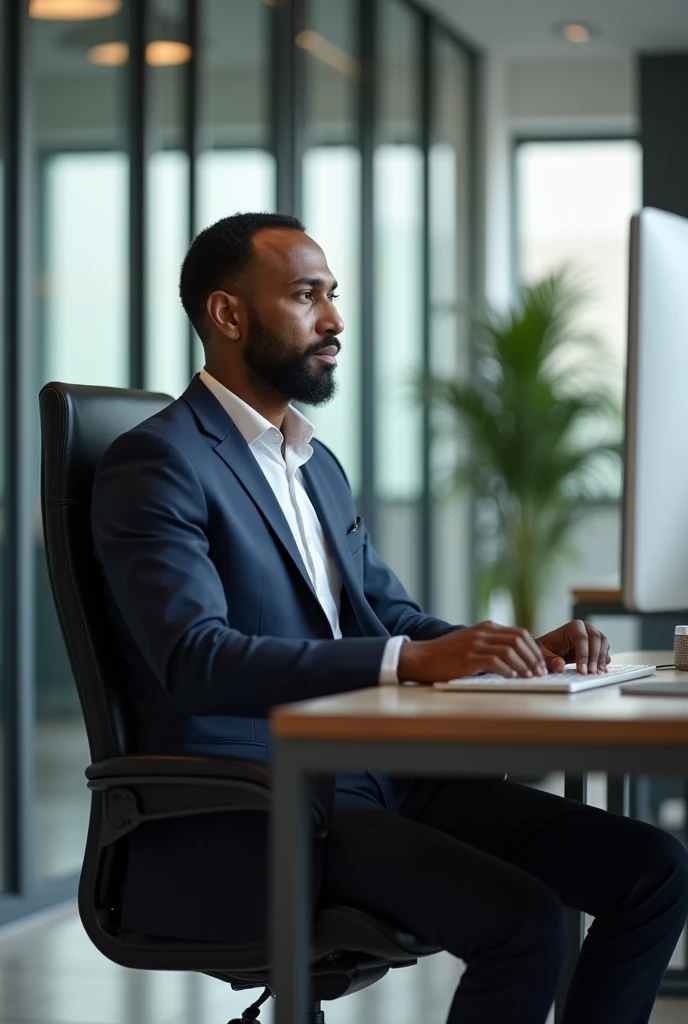 Somali man with suit setting on chair and using computer in office
