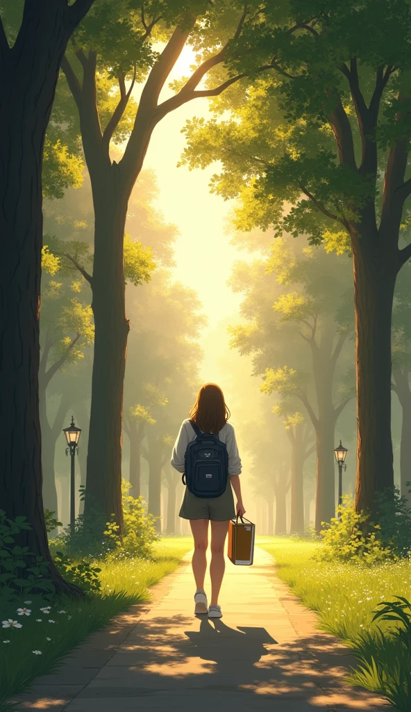 A serene, sunlit college campus during the early morning. The scene includes a single figure—a young, introspective student walking down a quiet path, surrounded by tall trees with light filtering through the leaves. The atmosphere is calm, with a slight golden hue from the rising sun, suggesting a sense of peace and new beginnings. The student carries a book or journal, with a focused and thoughtful expression.