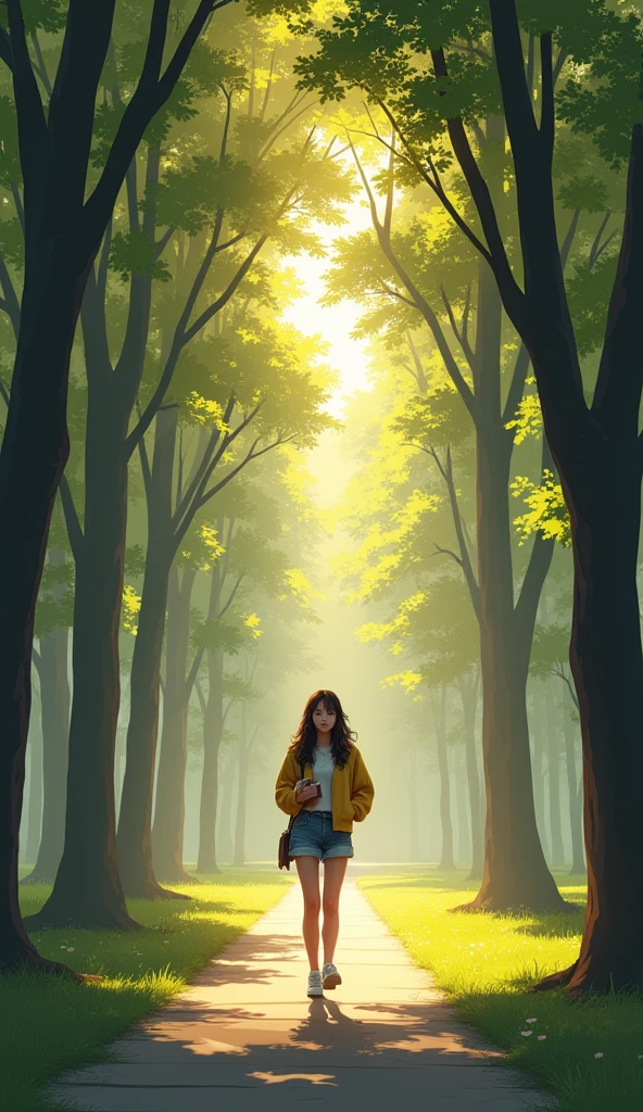 A serene, sunlit college campus during the early morning. The scene includes a single figure—a young, introspective student walking down a quiet path, surrounded by tall trees with light filtering through the leaves. The atmosphere is calm, with a slight golden hue from the rising sun, suggesting a sense of peace and new beginnings. The student carries a book or journal, with a focused and thoughtful expression.