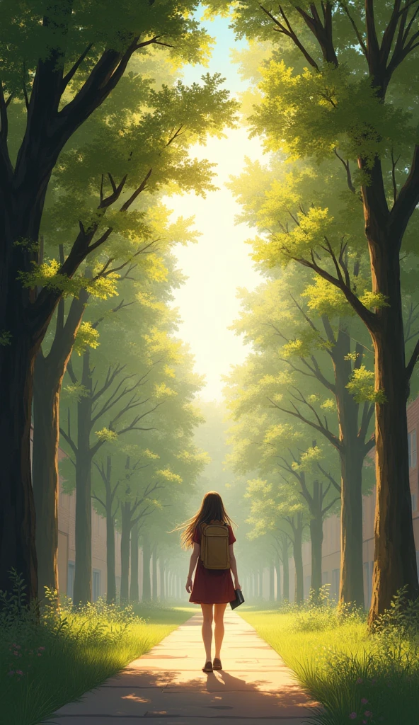 A serene, sunlit college campus during the early morning. The scene includes a single figure—a young, introspective student walking down a quiet path, surrounded by tall trees with light filtering through the leaves. The atmosphere is calm, with a slight golden hue from the rising sun, suggesting a sense of peace and new beginnings. The student carries a book or journal, with a focused and thoughtful expression.