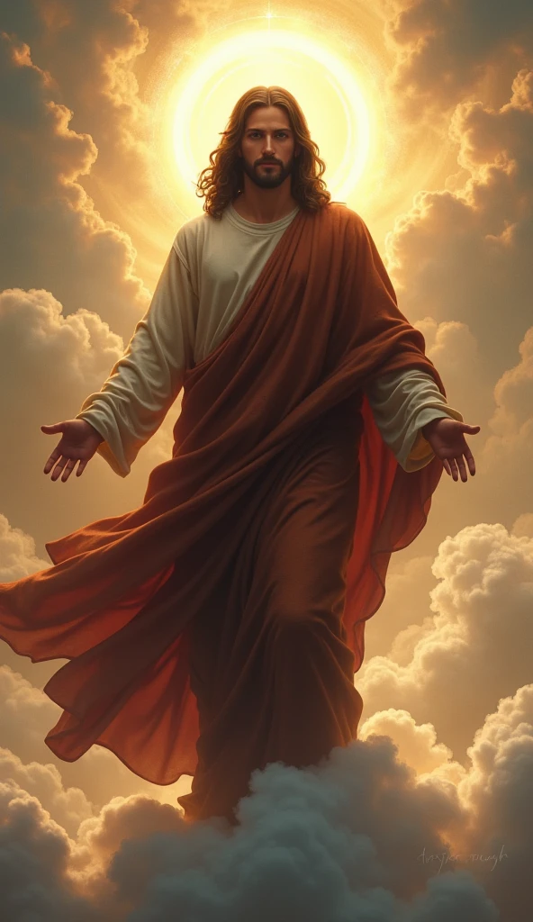 Jesus standing on a cloud with a halo around him, dark brown clothes, eyes looking straight ahead, god concept art, inspired by Christophe Vacher, wlop and rhads, Greg Olsen, Jon McNaughton, by Christophe Vacher, concept art | rhads, Marc Adams, Peter Mohrbacher Donato Giancola, the omnipotent, divine and ethereal young god